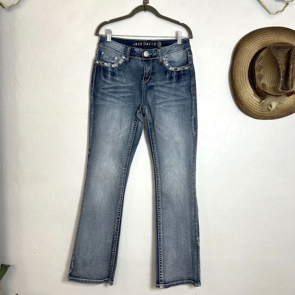 Jack David Embellished Bootcut Jeans Sz 6/8 Rhinestone Flap Pocket Denim Stretch